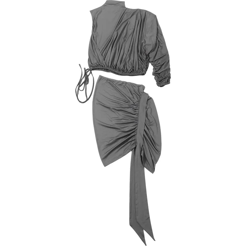 Women Fashion Asymmetrical Ruched 2 Piece Set Sexy Turtleneck One Shoulder Long Sleeve Tops + Ribbon Bodycon Mini Skirts Suits