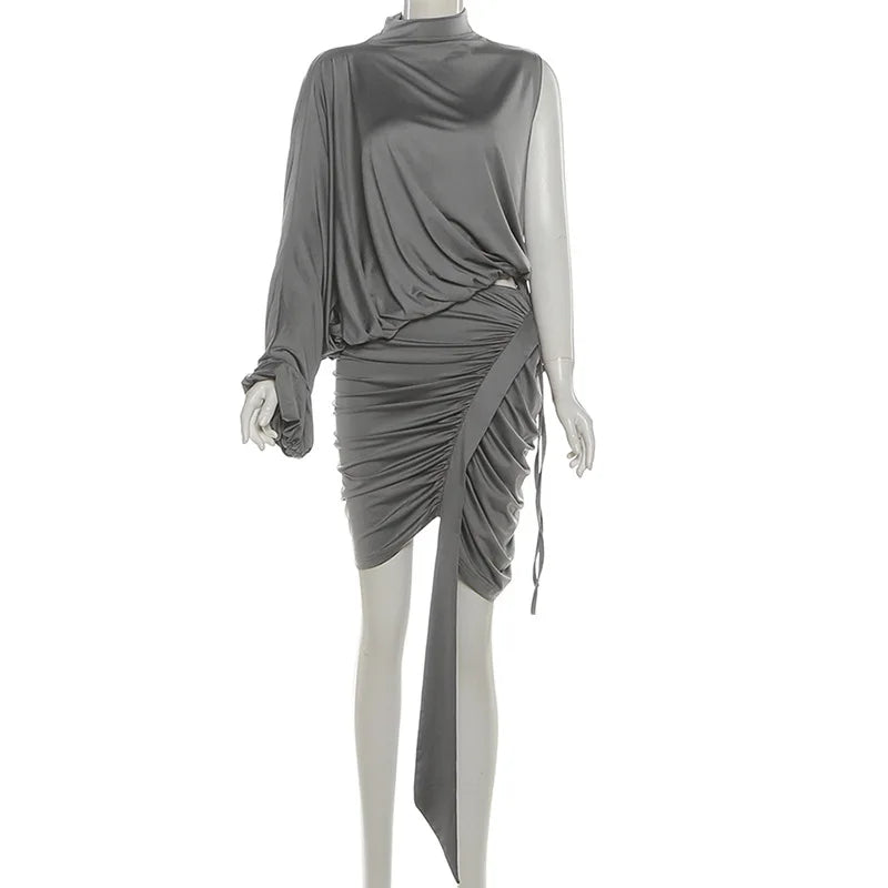 Women Fashion Asymmetrical Ruched 2 Piece Set Sexy Turtleneck One Shoulder Long Sleeve Tops + Ribbon Bodycon Mini Skirts Suits