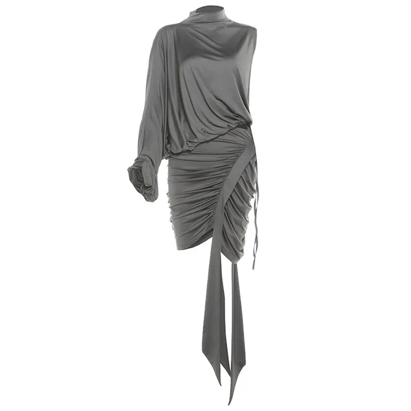 Women Fashion Asymmetrical Ruched 2 Piece Set Sexy Turtleneck One Shoulder Long Sleeve Tops + Ribbon Bodycon Mini Skirts Suits