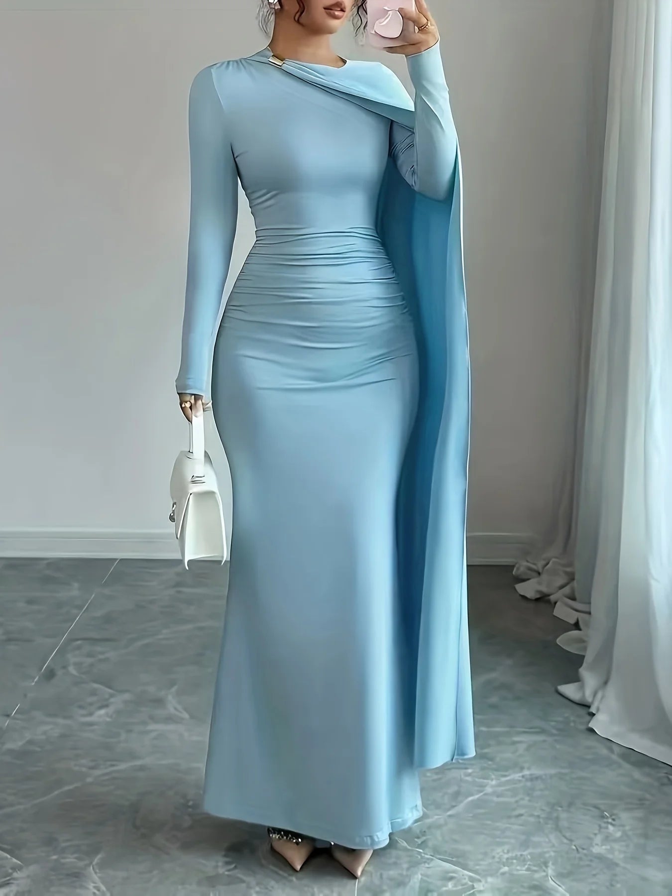 One shoulder asymmetrical bodycon dress high waisted elegant long sleeve gown suitable for dinners and red carpet events