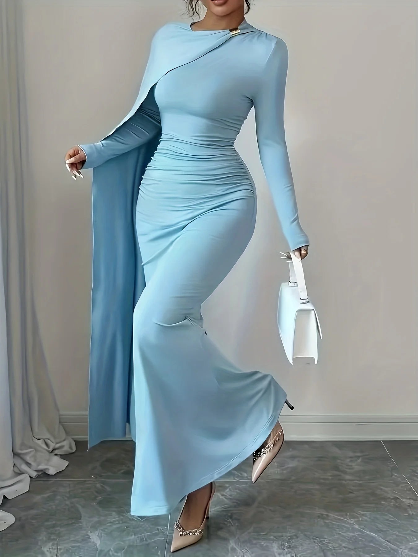 One shoulder asymmetrical bodycon dress high waisted elegant long sleeve gown suitable for dinners and red carpet events